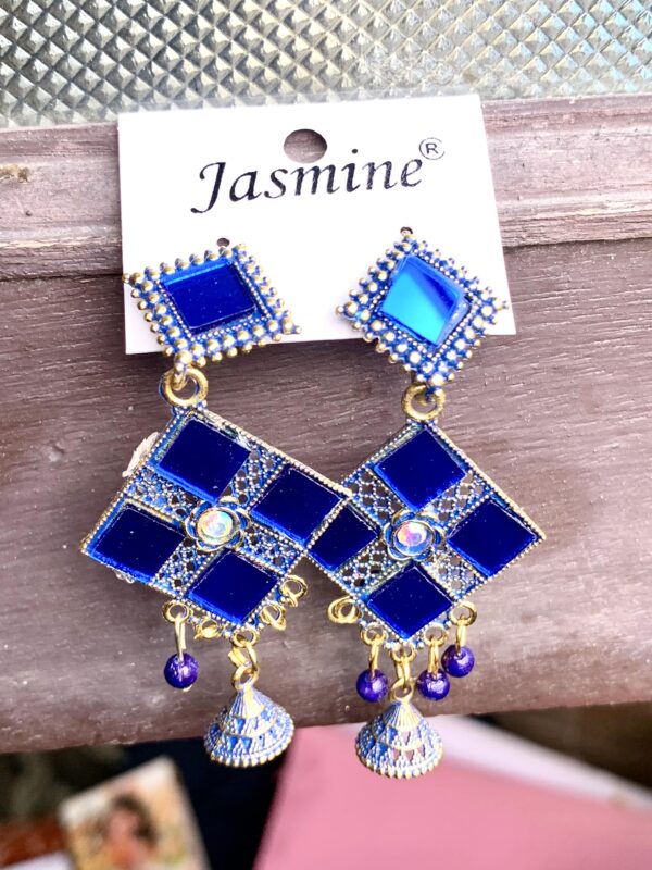 Stylish Blue Long Mirror Jhumka Earrings – Party Wear Trending Design – Set of 2 Pair (₹31 per Pair)