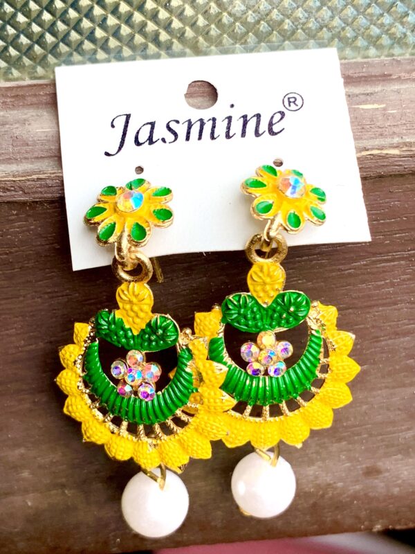 Yellow & Green Lightweight Jhumka Earrings – Stylish Partywear Trending Design – Set of 2 Pair (₹31 per Pair)