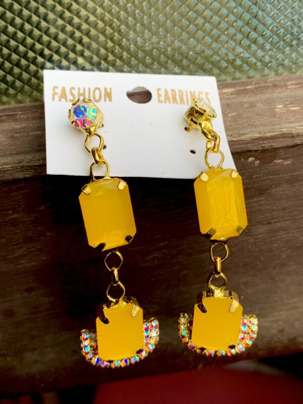 Yellow Long Stone Jhumka Earrings – Stylish Trending Design – Set of 2 Pair (₹31 per Pair)