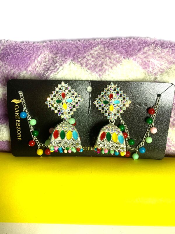 Multicolour Kundan & White Stone Jhumka – Silver Plated Ethnic Earrings-Set of 2 Pair (₹45 per pcs)
