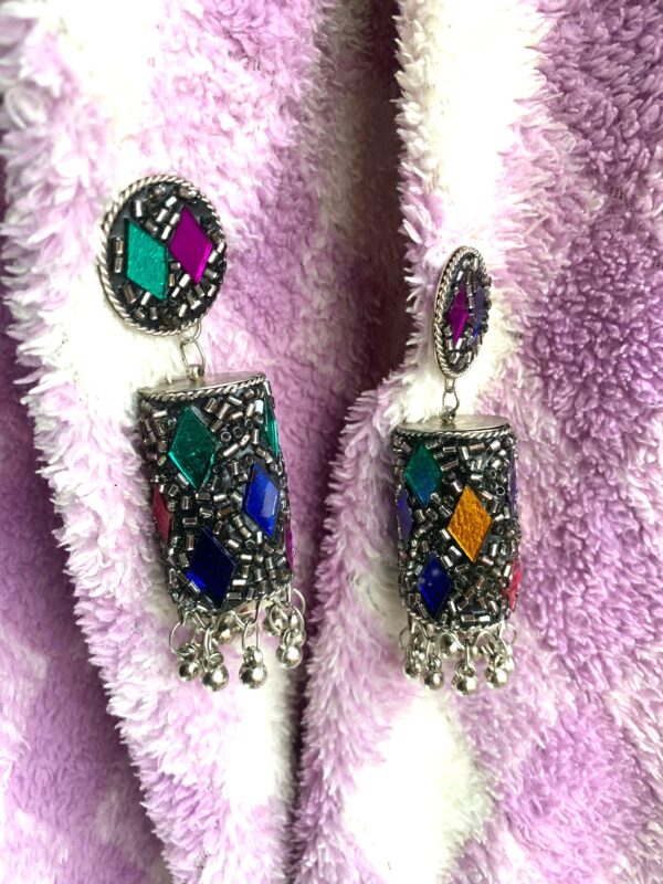 Antique Oxidised Long Jhumka – Unique Design with Yellow Stone & Silver Plating - Set of 2 Pair (₹41 per pcs)