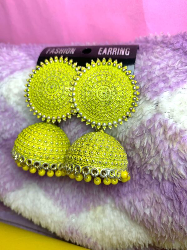 Ethnic Yellow Jhumka Earrings – Traditional Oxidised Design – Set of 2 Pairs (₹38 per pcs)