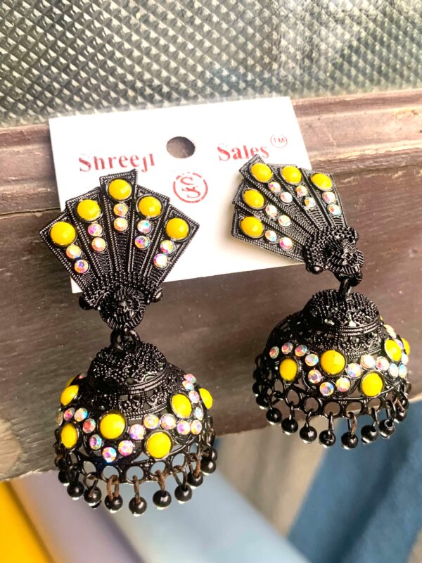 Full Black Jhumka with Yellow & White Stones – Designer Oxidised Look – Set of 2 Pairs (₹38 per pcs)