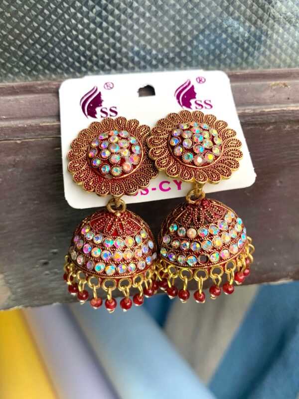 Beautiful Red Jhumka with White Stones – Elegant Ethnic Look – Set of 2 Pairs (₹50 per pcs)