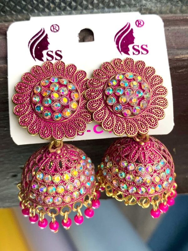 Beautiful Pink Jhumka with White Stones – Elegant Ethnic Look – Set of 2 Pairs (₹50 per pcs)
