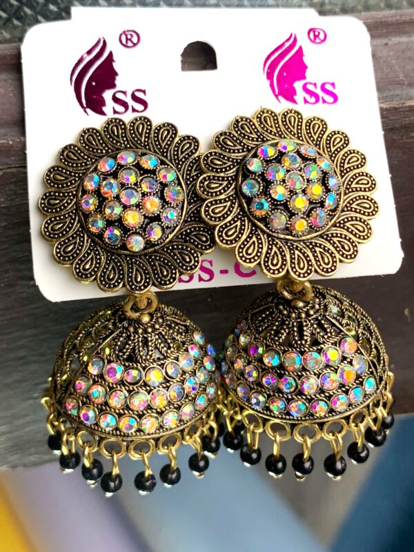 Beautiful Black Jhumka with White Stones – Elegant Ethnic Look – Set of 2 Pairs (₹50 per pcs)