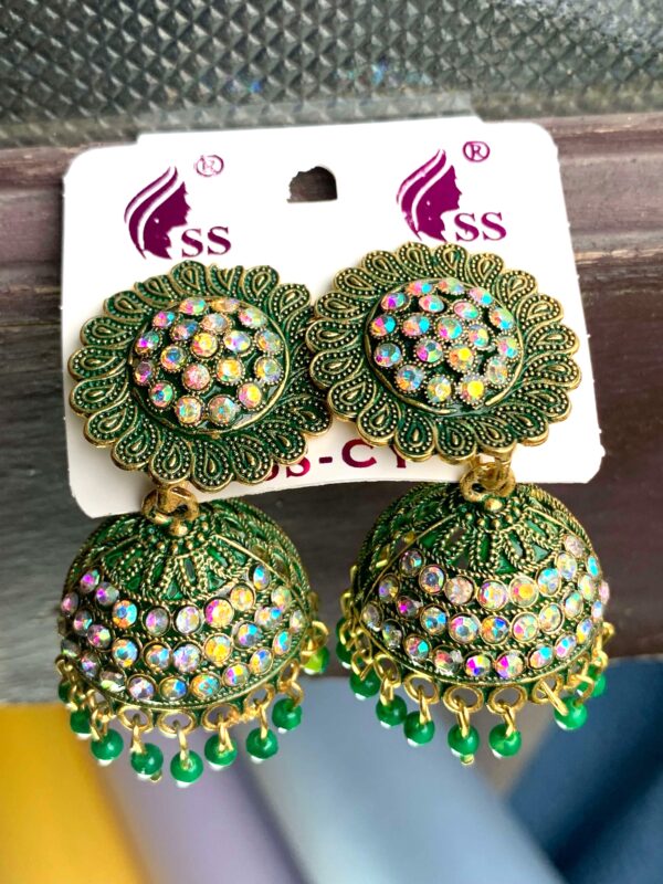 Beautiful Green Jhumka with White Stones – Elegant Ethnic Look – Set of 2 Pairs (₹50 per pcs)