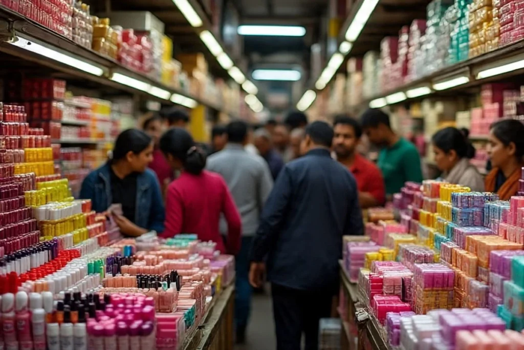 Branded Cosmetic Wholesale Market in Delhi – 3 Best Places Every Dukandaar Must Visit! 1 Crowded wholesale cosmetic shop in Delhi with shopkeepers arranging branded makeup products like lipsticks, kajal, and foundations.