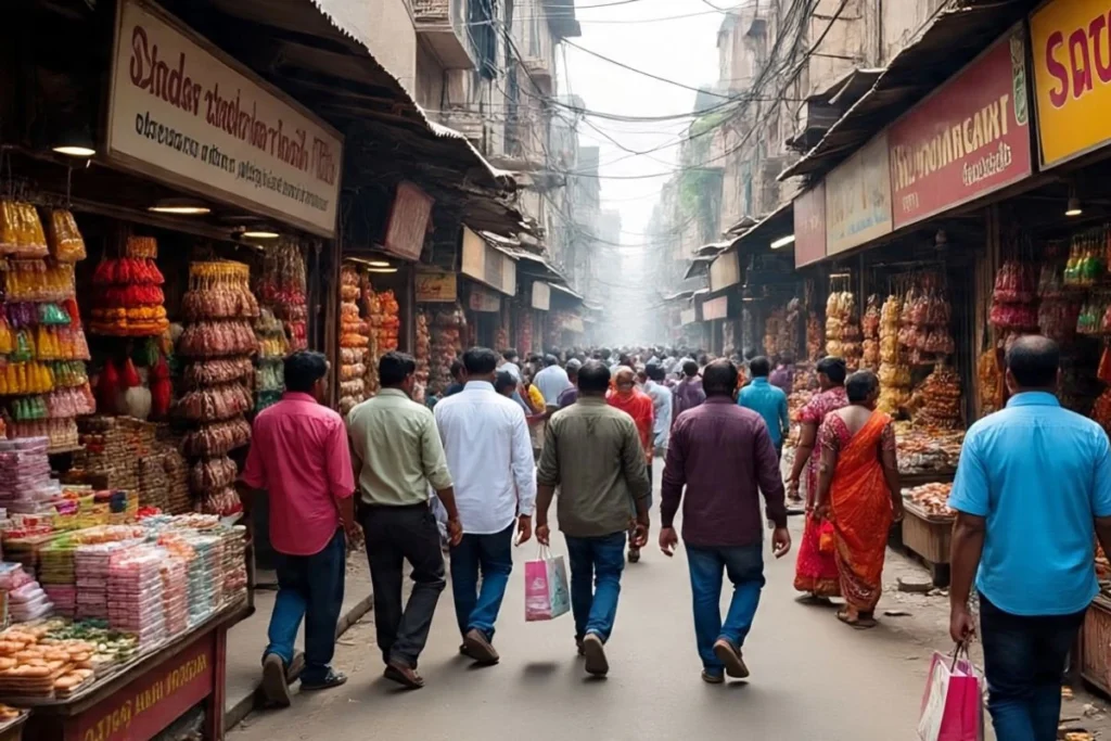 Branded Cosmetic Wholesale Market in Delhi – 3 Best Places Every Dukandaar Must Visit! 2 “Crowded wholesale cosmetic shop in Delhi with shopkeepers arranging branded makeup products like lipsticks, kajal, and foundations.