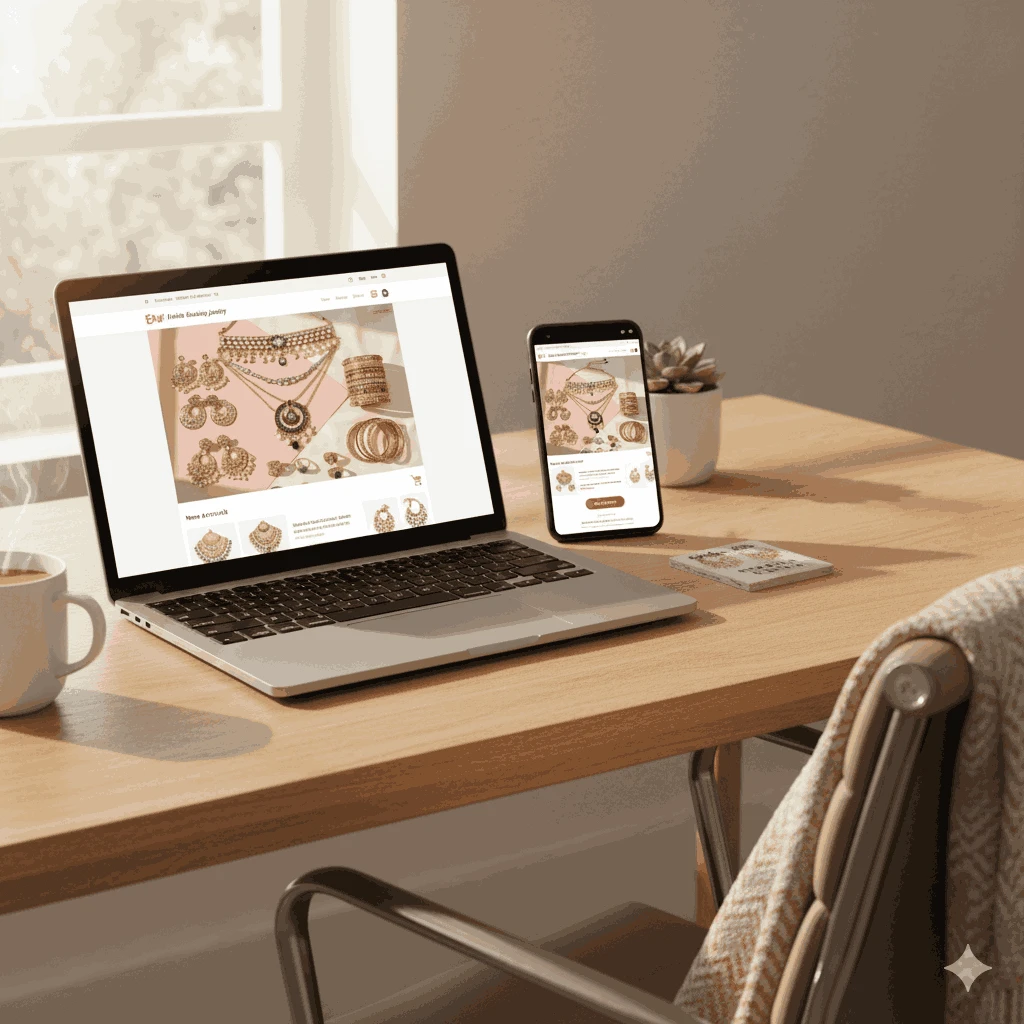Laptop and mobile showing Indian artificial jewellery online shopping, convenience and ease of online purchase