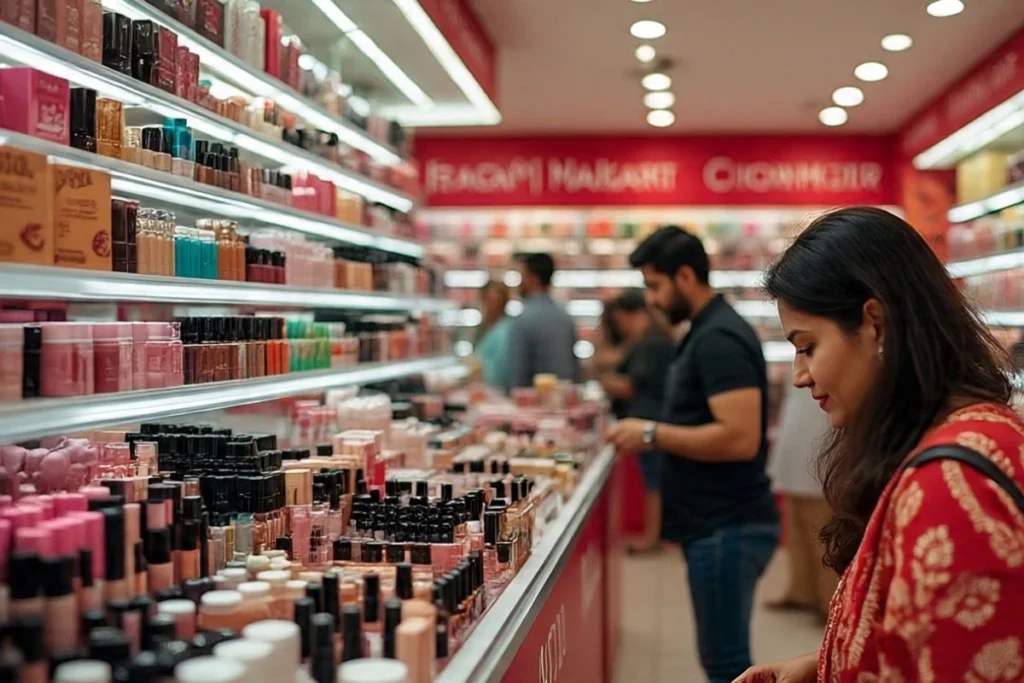 Branded Cosmetic Wholesale Market in Delhi – 3 Best Places Every Dukandaar Must Visit! 3 Cosmetic shop in Lajpat Nagar, Delhi with display racks full of branded lipsticks, nail paints, kajal, and foundations.