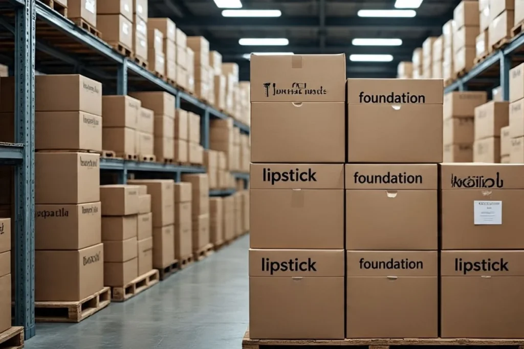 Branded Cosmetic Wholesale Market in Delhi – 3 Best Places Every Dukandaar Must Visit! 4 Warehouse with stacked cartons of branded cosmetics, organized for wholesale distribution.