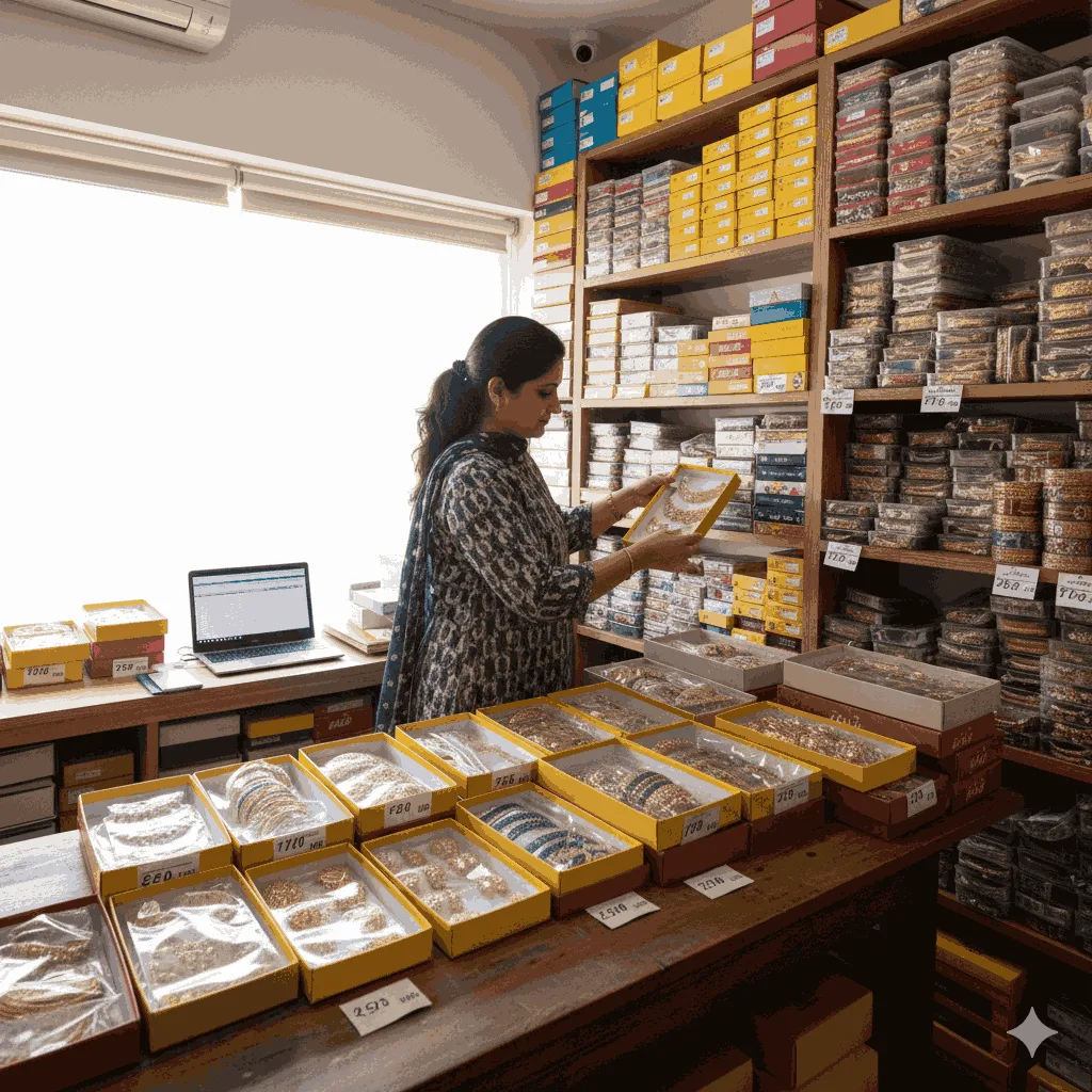 Shopkeeper organizing bulk artificial jewellery for online sales and shop use