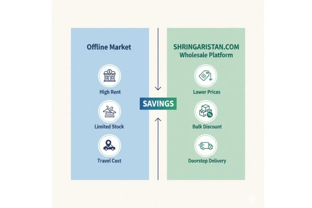 Branded Cosmetic Wholesale Market in Delhi – 3 Best Places Every Dukandaar Must Visit! 5 Infographic showing price comparison of branded cosmetics between offline market and online wholesale platform, including lipsticks, kajal, nail polish, and foundation.