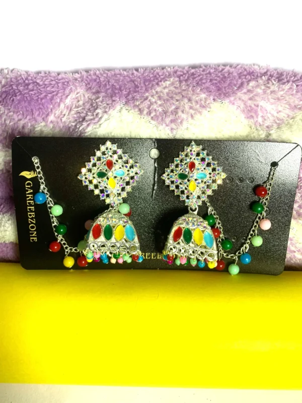 Multicolour Kundan & White Stone Jhumka – Silver Plated Ethnic Earrings