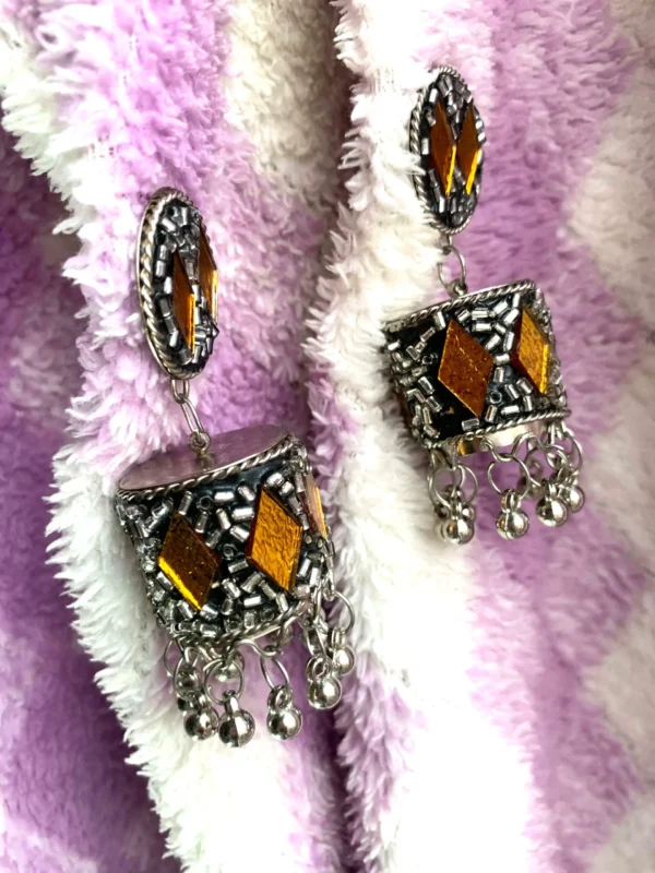 Antique Oxidised Jhumka – Unique Design with Yellow Stone & Silver Plating