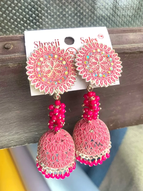 Long Pink Latkan Jhumka Earrings – Oxidised Traditional Design