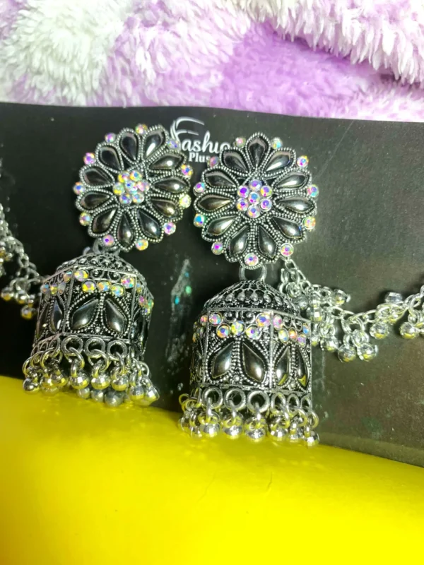 Bahubali Wedding Jhumka – Oxidized Silver with Diamond Stone Work