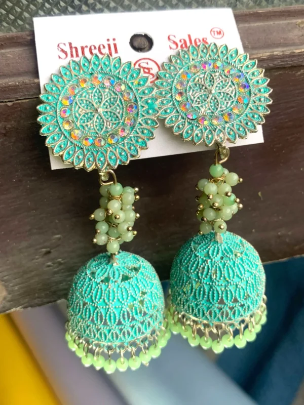 Long Sky BlueLatkan Jhumka Earrings – Oxidised Traditional Design