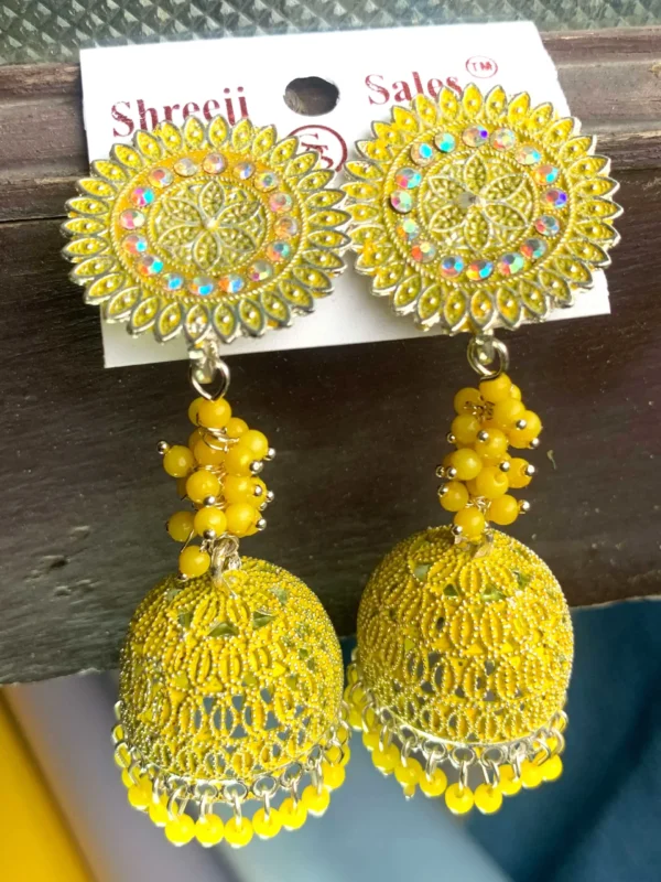 Long Yellow Latkan Jhumka Earrings – Oxidised Traditional Design
