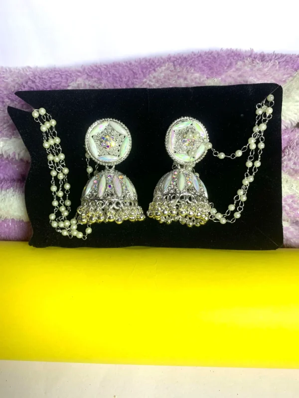 White & Silver Stone Bahubali Jhumka – Oxidized Diamond Look Earrings