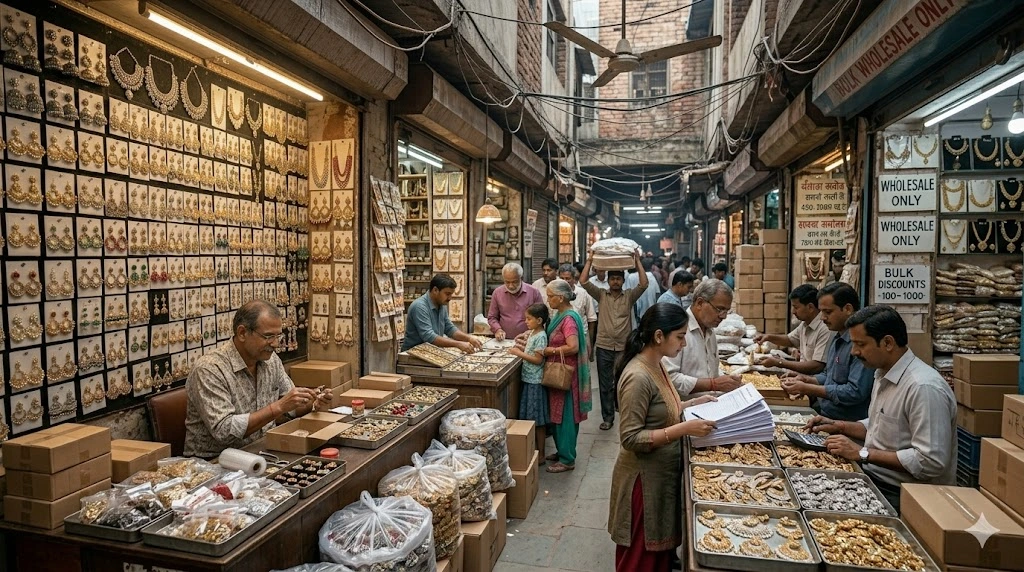 Earrings Wholesale Market In Delhi With Price List (2026) | Sadar Bazaar, Chandni Chowk & Shringaristan 2 Sadar Bazaar Delhi earrings wholesale market with fashion jewellery and bulk suppliers